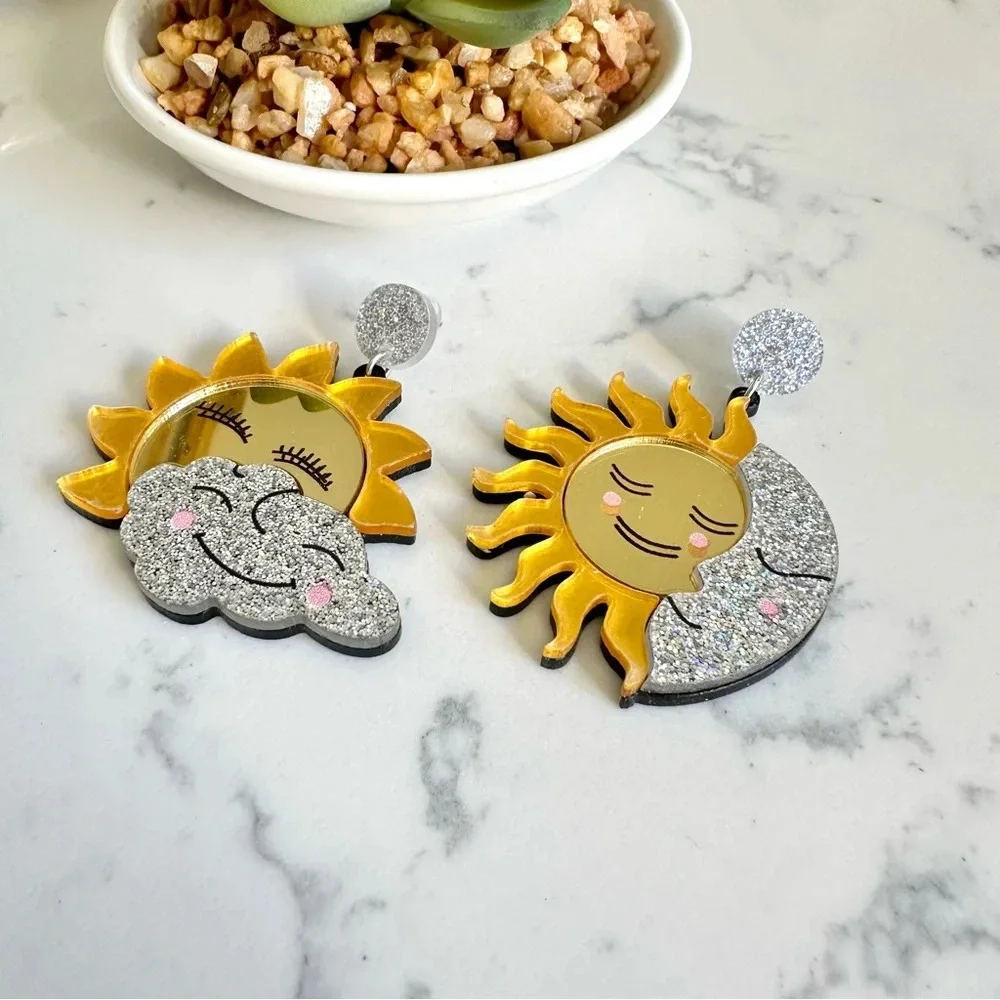 2/$30🌵 Sun & Moon Earrings Mirrored Acrylic Large Pop Art Celestial Glitter NEW